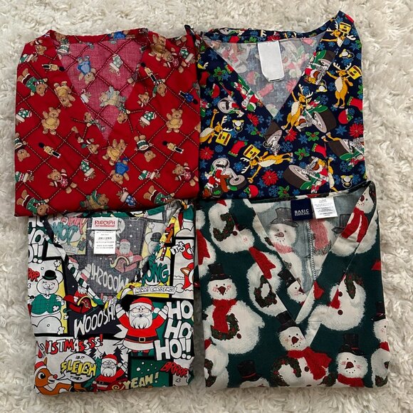 Rudolph The Red Nosed Reindeer Tops - Lot Of 4 Christmas Scrubs Plus Size 2XL Rudolph Santa Snowman Happy Holidays